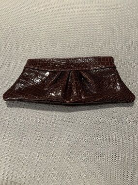 Lauren Merkin Patent LeatherCroc-Embossed Burgundy Clutch with Gold Interior